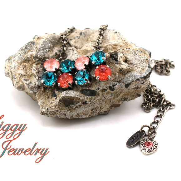 Coral Breeze Centerpiece Necklace, Genuine Austrian Crystals in Corals and Teal - Picture 6 of 7